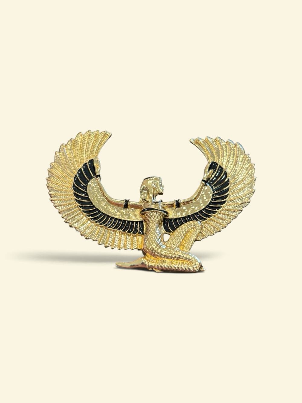 Egyptian Goddess Isis Winged Brooch Gold Black Enamel Statement Pin